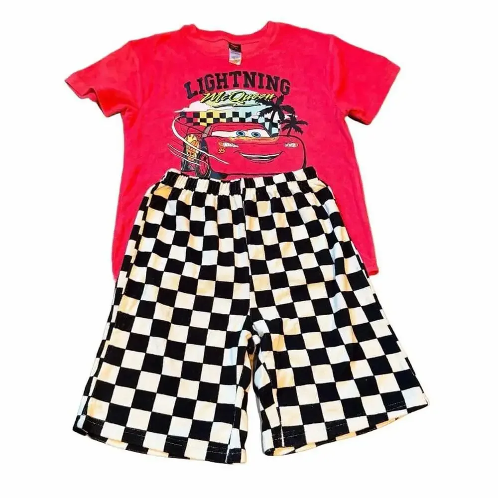 Disney Pixar Cars Lightning McQueen Size 10-12 Pink Red Graphic Tee Shorts Set
